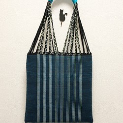 裂き織り　三つ編みトートバッグ（青系・フラットタイプ） 1枚目の画像