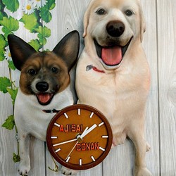 ワンちゃん時計2匹一緒 3D リアル オーダー ペット時計 似顔絵 犬グッズ 壁掛時計 かわいい時計 似顔絵時計 1枚目の画像