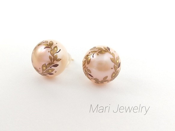 蒔絵パールピアス / 桃色木の葉のリース/maki-e pearl earrings/pink