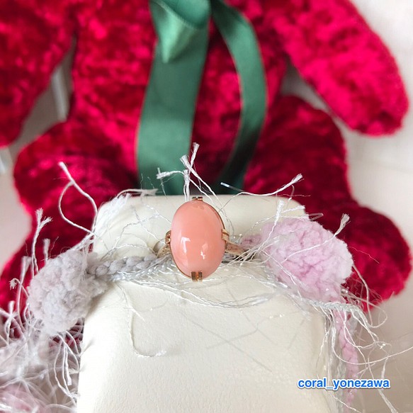 アウトレットSALE☆正統派・シンプル・可愛いピンク珊瑚楕円・K18指輪 1枚目の画像