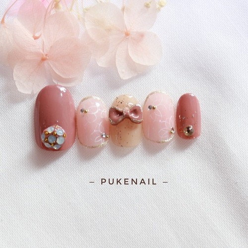 Pukeネイル No 363 リボン オパールデコ レース風ネイルチップ ネイルチップ ネイルシール ネイルチップ購入ならpuke Nail 通販 Creema クリーマ ハンドメイド 手作り クラフト作品の販売サイト