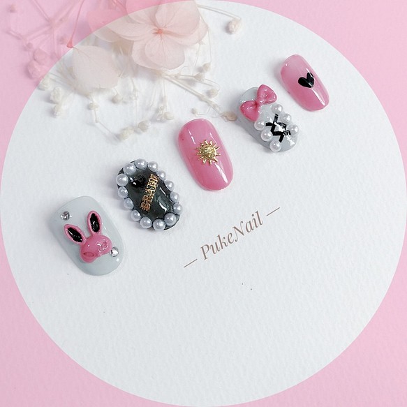 Pukeネイル発送無料[No.264]ウサギ /量産型・可愛いピンク♡ジェイルネイルチップ 1枚目の画像