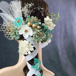 髪飾り　結婚式 成人式 卒業式 造花 かすみ草 緑　金　白　レース　紐　パーツ追加可能　秋色 1枚目の画像