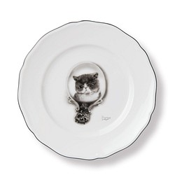 デザート皿 23ｃｍ ブラックエッジ「鏡の中の猫」 1枚目の画像