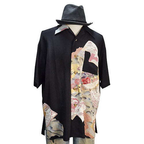 着物アロハシャツ　牡丹と菊と鶴留袖　大きいサイズ 1枚目の画像