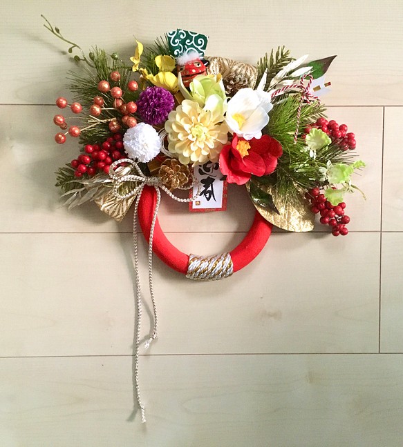 No.wreath-15252/お正月しめ縄リース　20-(3)獅子舞＆　30x35cm/アーティフィシャルフラワー造花 1枚目の画像