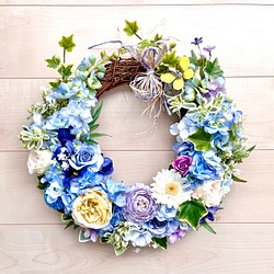No.wreath-15336/バラと蝶とデルフィニウムのリース 42cm /アーティ