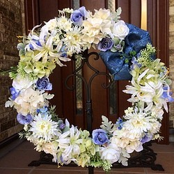 No.wreath-14846/玄関リース/母の日/38cm/バラとあじさいのリース/アートフラワー造花 1枚目の画像