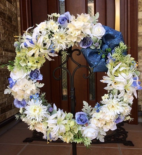 No.wreath-14846/玄関リース/母の日/38cm/バラとあじさいのリース/アートフラワー造花 1枚目の画像