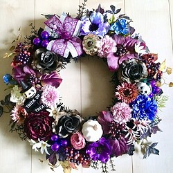No.wreath-15073/ハロウィンリース（ブラックパープル）19-(4)52cm/アーティフィシャルフラワー造花 1枚目の画像