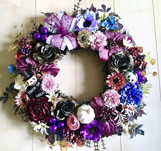 No.wreath-15073/ハロウィンリース（ブラックパープル）19-(4)52cm/アーティフィシャルフラワー造花 1枚目の画像