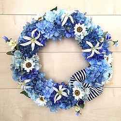 No.wreath-15182/アジサイとデイジーのリース（ブルー）紫陽花 40cm/アーティフィシャルフラワー造花 1枚目の画像