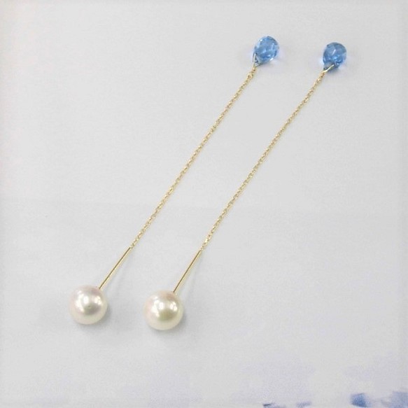 K18 Akoya Pearl/Blue topaz threader earrings ピアス（フック