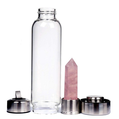 100%天然石 クリスタルウォーターボトル ローズクォーツ ピンク グラス 
