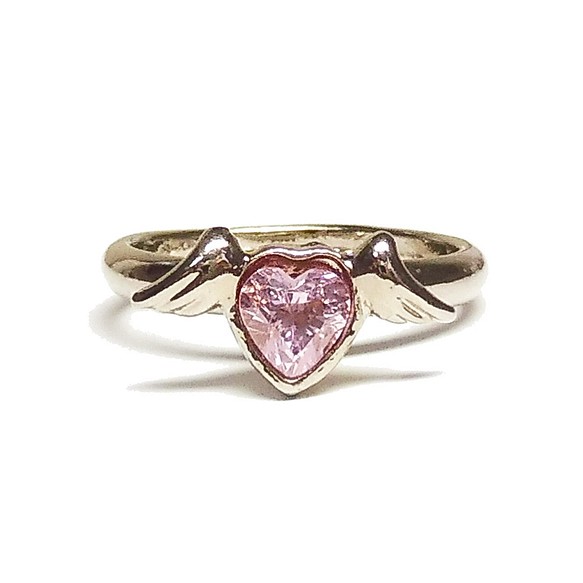 姫系 ピンク色 キュービックジルコニア リング (指輪) フリーサイズ 銀 シルバー 羽根 ハート アクセサリー 1枚目の画像