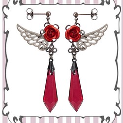 玫瑰玫瑰玫瑰玫瑰水滴式羽毛耳環/雙耳耳環紅色哥特式哥特式Lolita朋克V配飾 第1張的照片