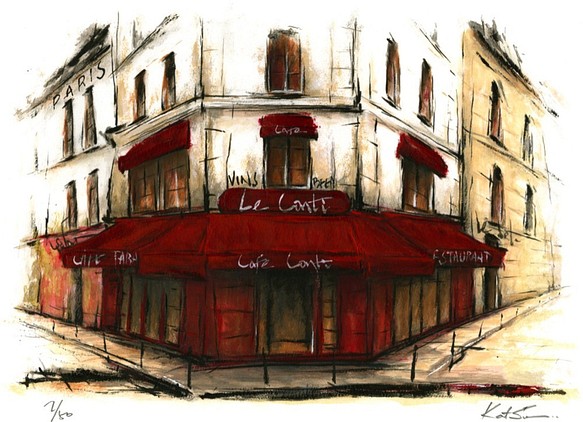 風景画 パリ 版画「街角のカフェ～Le Conti～」 1枚目の画像