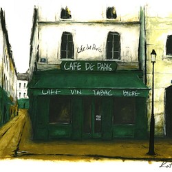 風景画 パリ 版画「街角の緑のひさしのあるカフェ」 1枚目の画像