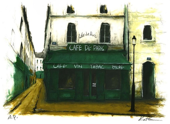 風景画 パリ 版画「街角の緑のひさしのあるカフェ」 1枚目の画像