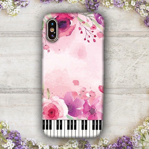 『水彩画風 薔薇やトルコ桔梗』花と鍵盤♬Android/iPhone スマホケース ハードケース Xperia 1枚目の画像