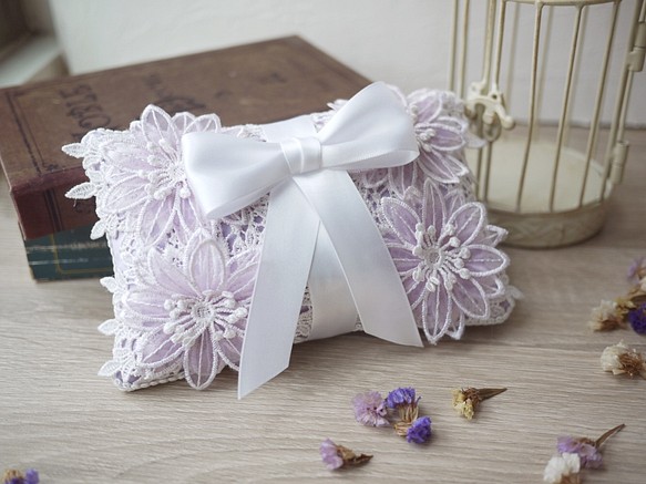 【勿忘我】花語婚禮蕾絲手工戒枕 求婚道具/結婚小物 -淡粉紫色 第1張的照片