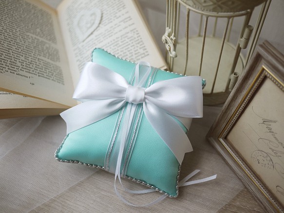 [純粋な愛の手メモ]手作りのリング枕の提案/バレンタインデー/結婚式の小さなもの/家の装飾-ティファニーブルー 1枚目の画像