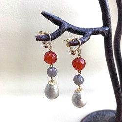 棉珍珠和紅玉耳環* 14KGF耳環*無孔耳環 第1張的照片