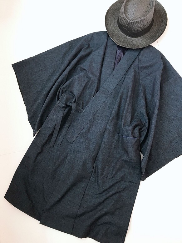 着物リメイク 着物袖 作務衣コート ロングカーディガン 和コート 和装コート 無地 紺系 男性 メンズ M〜XL