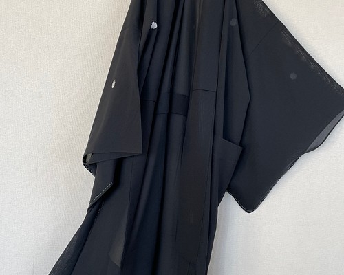 着物リメイク シースルー着物袖 作務衣コート 五つ紋 和装コート