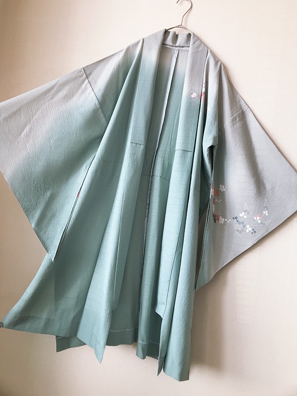 着物リメイク 変形袖 カーディガン 羽織 着物風 和装 和柄 シアー 衣装 花柄 グラデーション 青緑 フリーサイズ