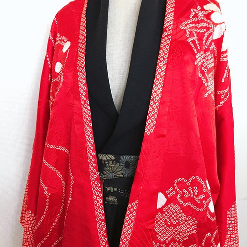 着物リメイク 鶴と絞りの変形袖カーディガン 羽織 着物風 和装 和柄 
