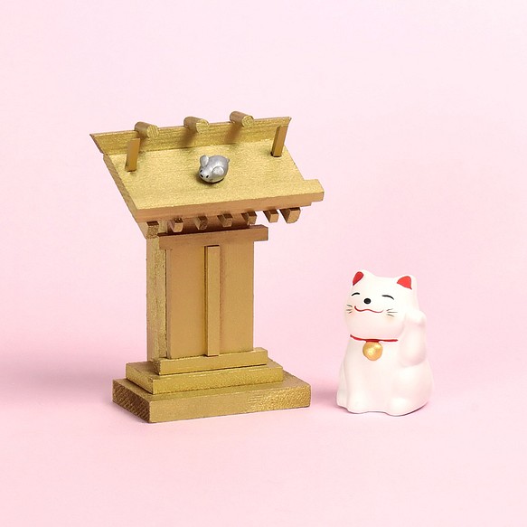 [貓咪的選擇] 猫 黃金神社 / 護身符裝飾 神棚（kamidana）柏木 第1張的照片