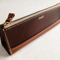 sagon (chocolate x camel) 工匠手工縫製的三角筆盒/意大利Minerva盒子和buttero。 第1張的照片