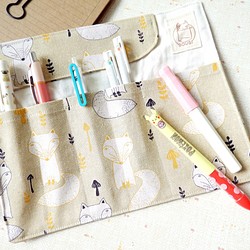 北歐狐狸筆袋, 短身綁繩布筆袋, 筆盒, 插畫工具袋, 捲軸式鋼筆袋, 繞繩布捲,文具文青-黃色 第1張的照片