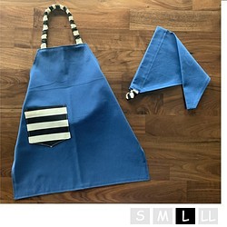 こどもエプロンＬ[120-130] 三角巾セット　青とボーダー 1枚目の画像