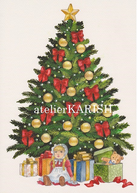 水彩画原画【Merry　Christmas　クリスマスツリー】送料無料！ 1枚目の画像