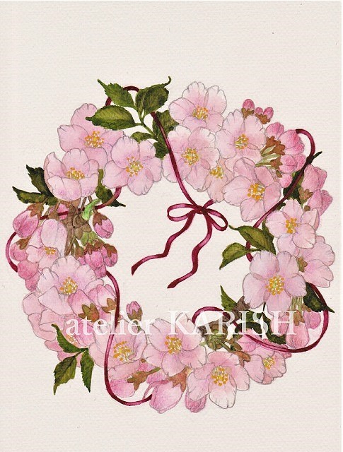水彩画原画【桜のリース】送料無料！ 1枚目の画像