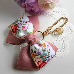 グログランリボンのバッグチャーム　№６ピンク花柄 1枚目の画像
