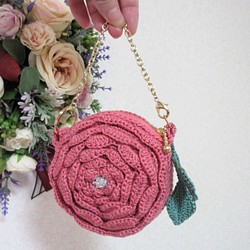 手編み　ローズポーチ　ピンク 1枚目の画像
