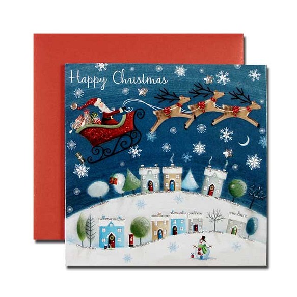 クリスマスカード　「ホワイト　クリスマス」　43   空を翔るサンタ  xm-034 1枚目の画像