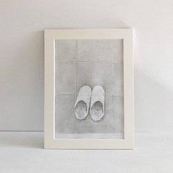 白いバブーシュのミクストメディア「  maison  」 シンプルな紙製額入り・送料無料 1枚目の画像