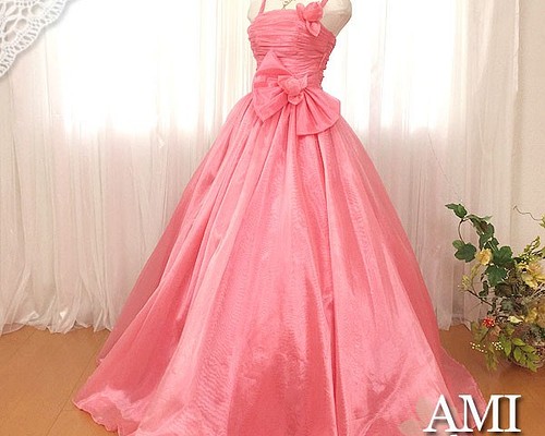 カラードレス ピンク 9号11号 大きめリボン プリンセスラインドレス 