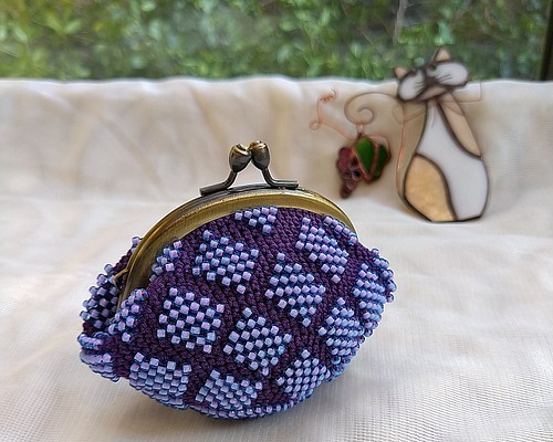 紫のビーズがま口 ビーズ編み込み がま口 財布 小物整理 ギフト 