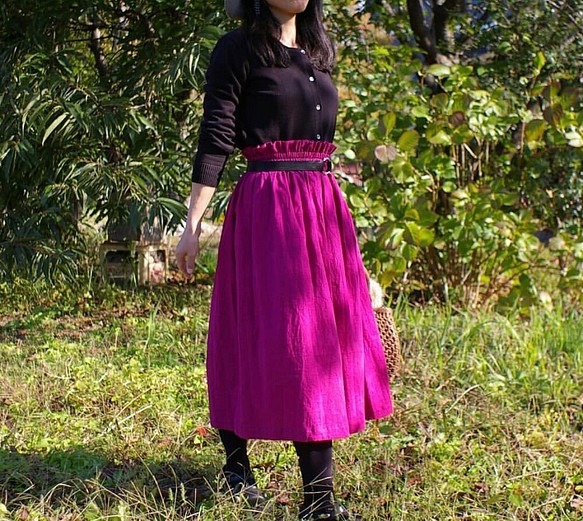 ハーフリネン お好きなお色から ウェストフリル大人可愛いギャザースカート 1枚目の画像