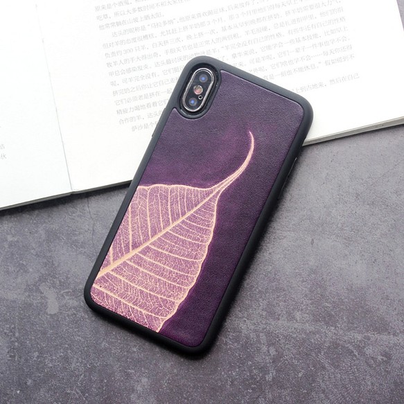 loowey 紫色菩提葉 iphone 6 7 8 plus x xs max xr 皮革手機殼 保護殼 真皮手機保護套 第1張的照片
