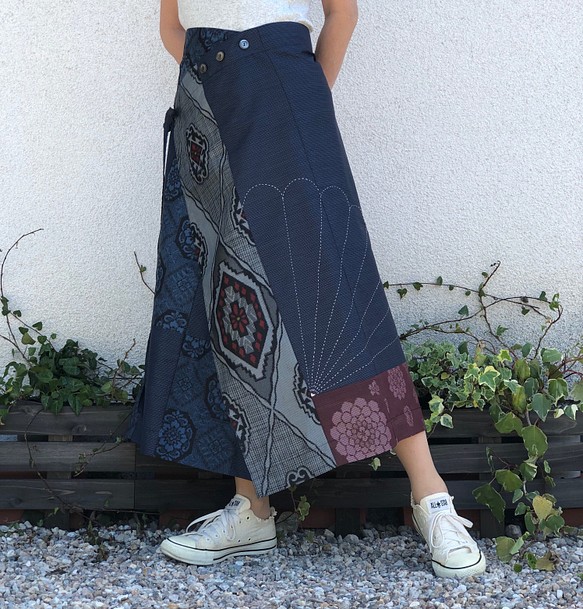 【一周年記念セール】大島紬の巻きスカート　最後の1枚　着丈83cm パッチワークスカート　着物リメイクスカート7