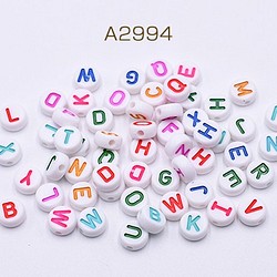A2994 100g アクリルビーズ コイン型 9.5mm アルファベット柄 ホワイト 2X【約50g(約170ヶ)】 1枚目の画像