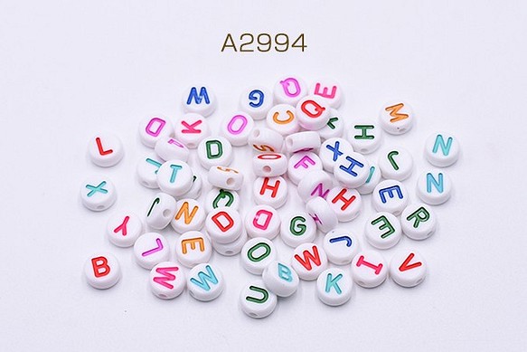 A2994 100g アクリルビーズ コイン型 9.5mm アルファベット柄 ホワイト 2X【約50g(約170ヶ)】 1枚目の画像