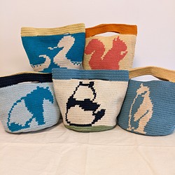 動物の模様　手編みミニトートバッグ（ コットン 100% ）ミニトート　動物 1枚目の画像