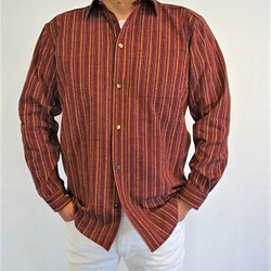 軽い着心地・オトナの赤いメンズシャツ｜25000円のオーダーメイド｜えんしゅうめんつむぎー静岡みかん色の・橙シャツー 1枚目の画像